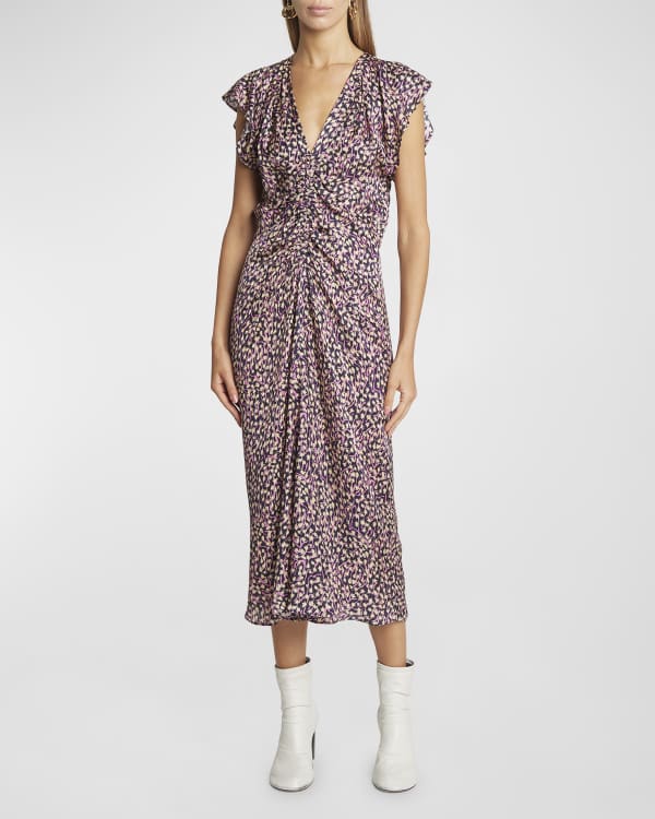 Alexander McQueen Abstract-Print Puff-Sleeve Silk Midi Dress | Neiman ...