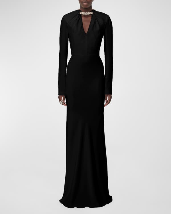 Betty | Black High Neck Long Sleeve Maxi Dress with Feather Cuffs