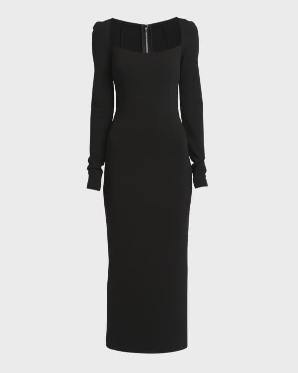 Oscar de la Renta Scoop-Neck Ruffle 3/4-Sleeve Belted Crepe Midi