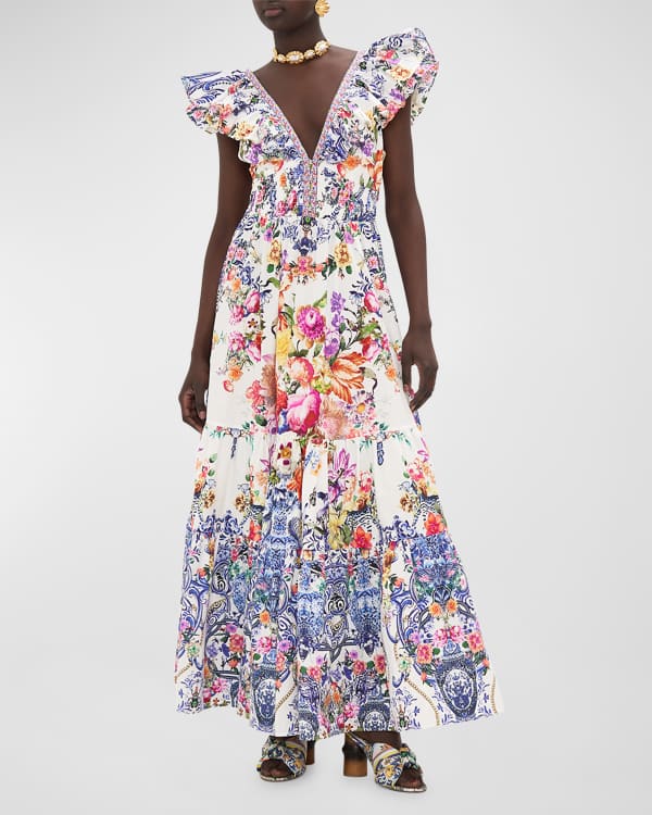 Farm Rio Mixed Prints Tiered Maxi Dress | Neiman Marcus