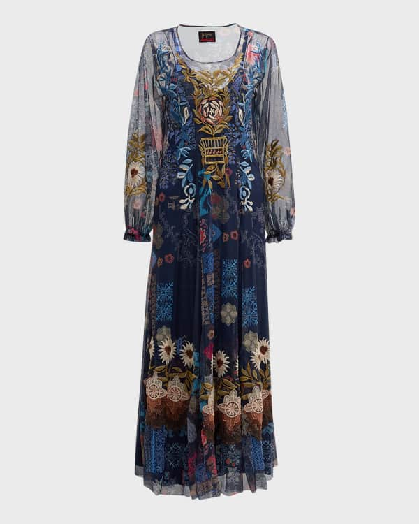 Johnny Was Dunas Mixed Print Tiered Maxi Dress w/ Slip | Neiman Marcus