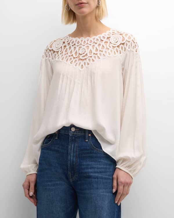 Johnny Was Assic V Neck Top with Lace Trim Neiman Marcus