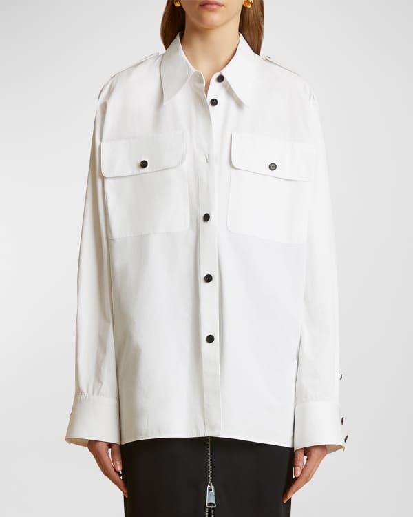 Burberry Mindy Monogram Striped Bib Front Oversized Silk Shirt