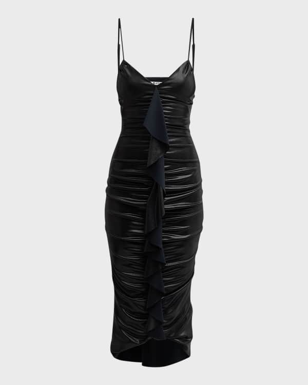 Long midi ruched black fitted spaghetti strap dress