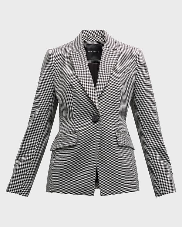 Elie Tahari - Suit yourself in the preppy and plaid Jezebel Jacket. ✨ This  classic double-breasted jacket has been reimagined in a metallic textured  chenille that's sure to turn heads! Shop this #