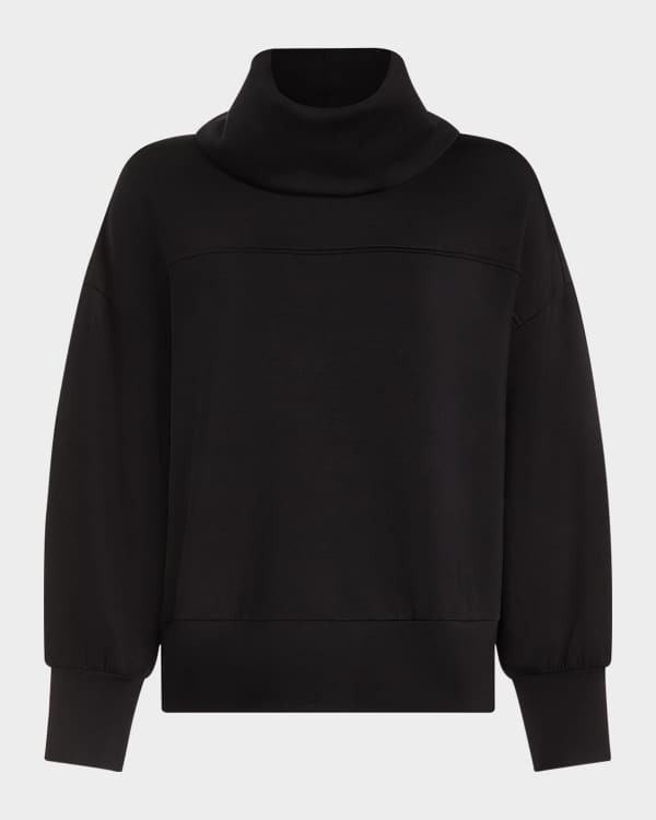 Blonde Woman Wearing Alo Grey Funnel Neck Sweatshirt Alo Black