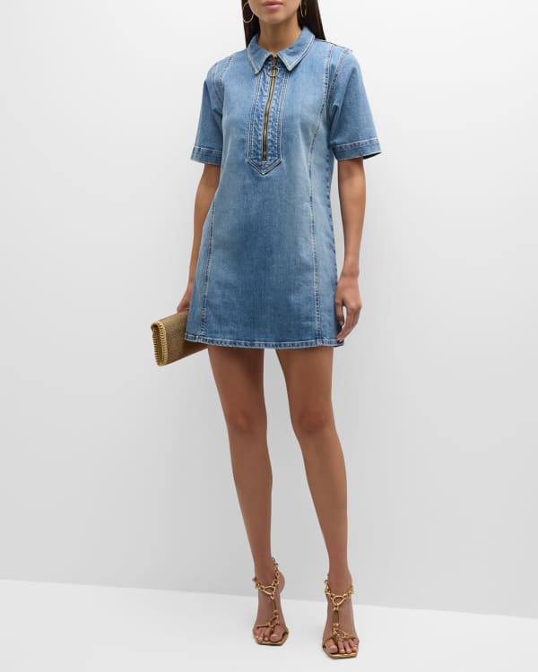 SIMKHAI Ciara Bubble-Hem Denim Mini Dress | Neiman Marcus