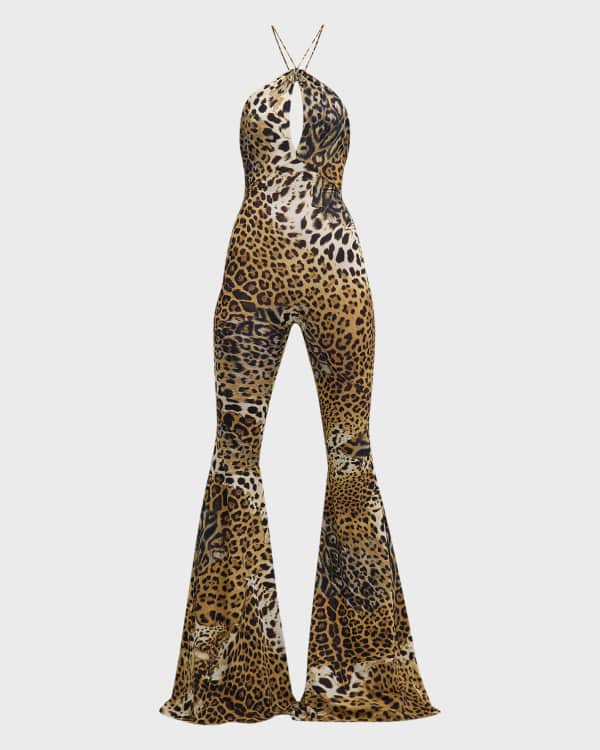 Valentino Garavani Tuta V-Logo Chambray Denim Wide-Leg Halter 