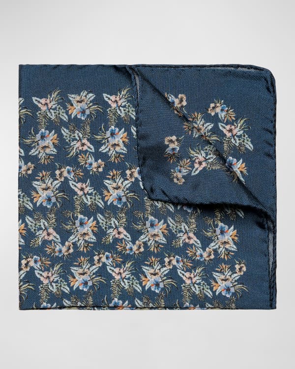 Men's Floral 100% Silk Pocket Square in Blue