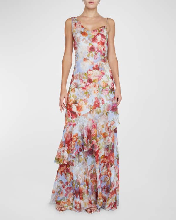 Kay Unger New York Ansley Draped Floral-Print A-Line Gown