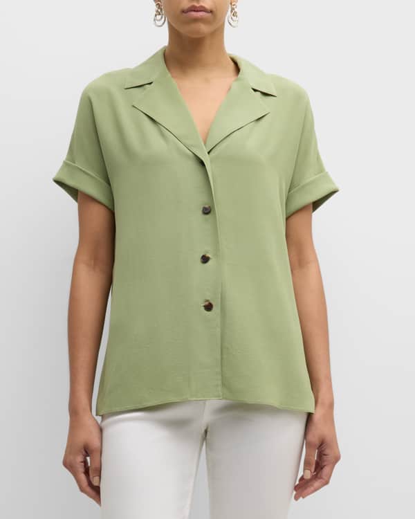 Silk95 Alaska Button Through V Neck Silk Shirt Navy
