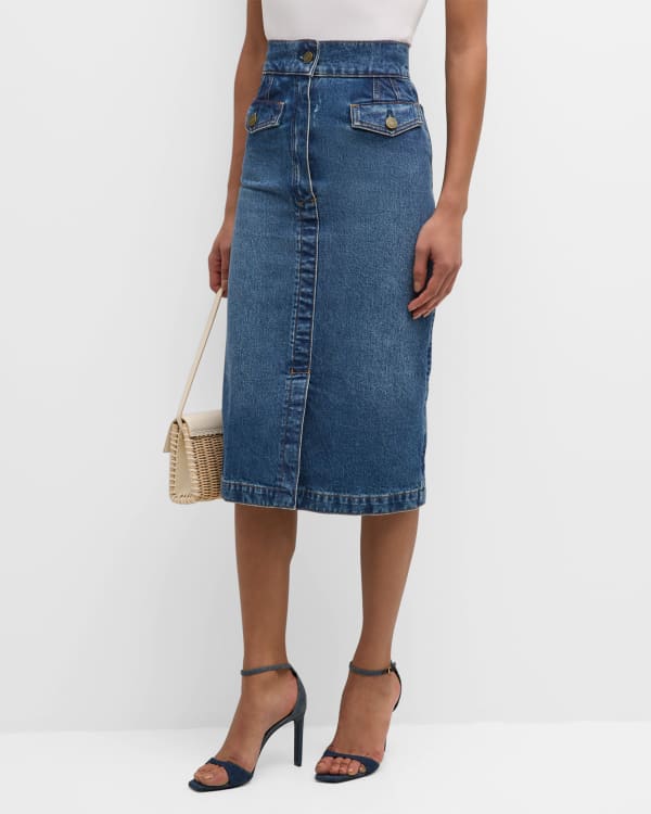 MOTHER The Pencil Pusher Denim Midi Skirt | Neiman Marcus