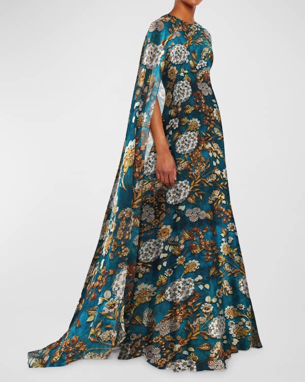 Carmen Marc Valvo Infusion V Neck Short Sleeve A Line Gown w Beading 3D Floral Appliques Neiman Marcus