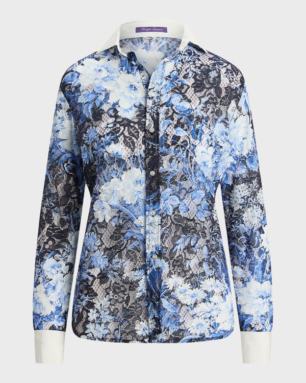 Oscar de la Renta Water Lily guipure trapeze blouse - Blue