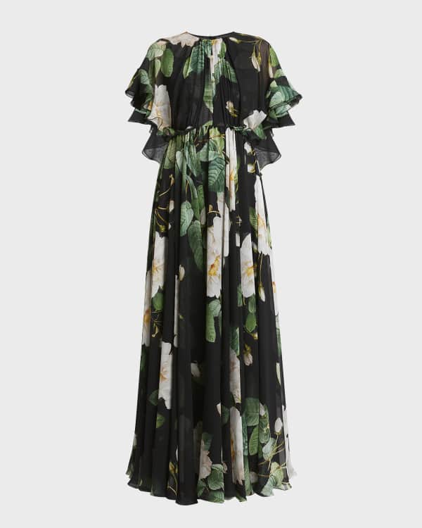 Oscar de la Renta Hydrangea Print Tiered Poplin Maxi Tank Dress