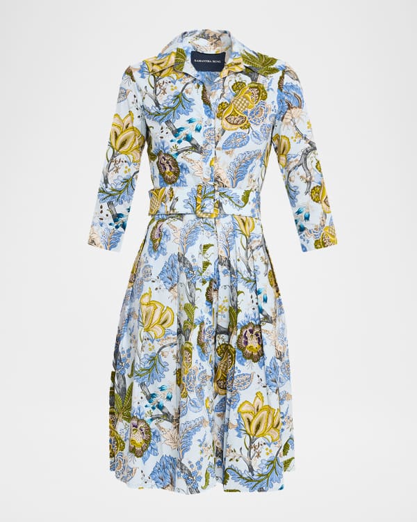 Samantha Sung Aster Belted Floral-Print Cotton Midi Dress