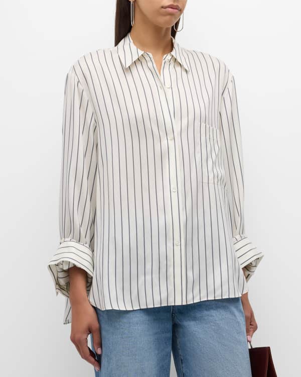 Enza Costa Striped Button-Front Cotton Shirt | Neiman Marcus