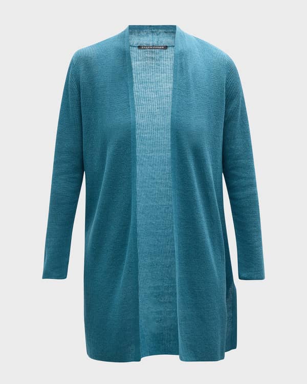 EILEEN FISHER Womens Green Ribbed Pocketed Long Sleeve Open Cardigan Wear To Work Top main image 0