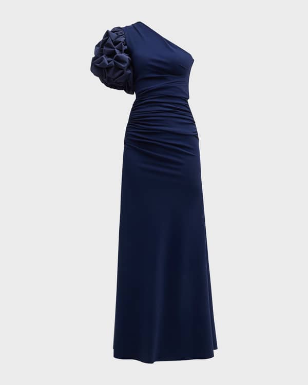 One-Shoulder Draped Twist Empire Waist Trumpet Gown