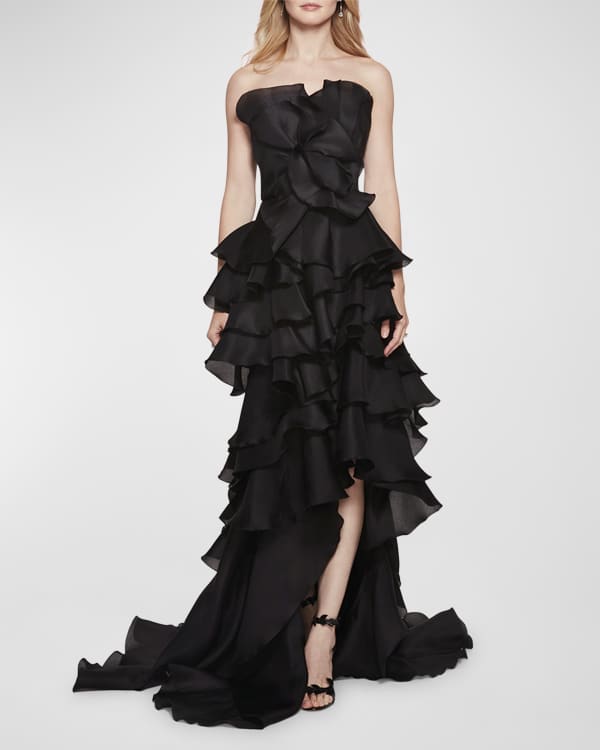 STRAPLESS LAYERED RUFFLE MERMAID DRESS
