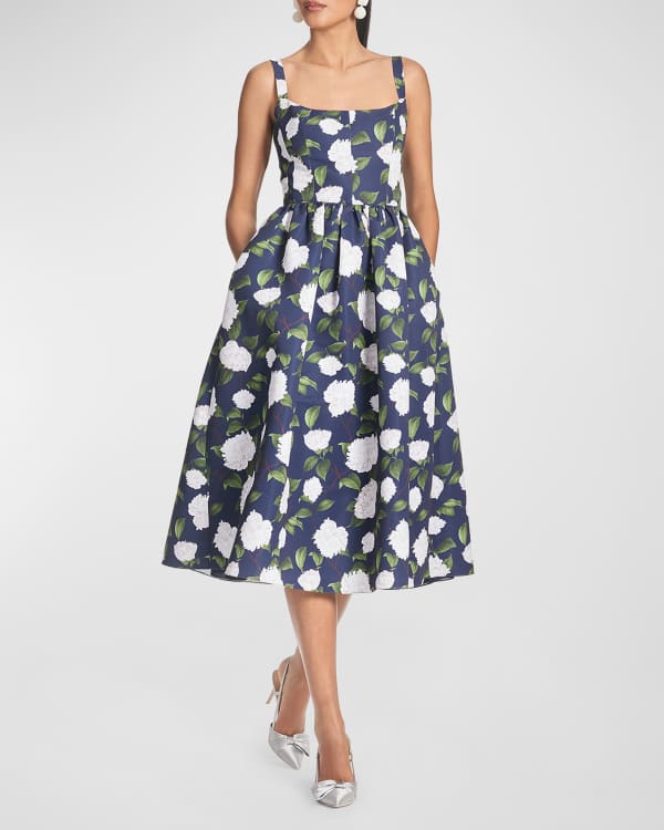LEO LIN Maxima Floral-Print Puff-Sleeve Midi Dress | Neiman Marcus
