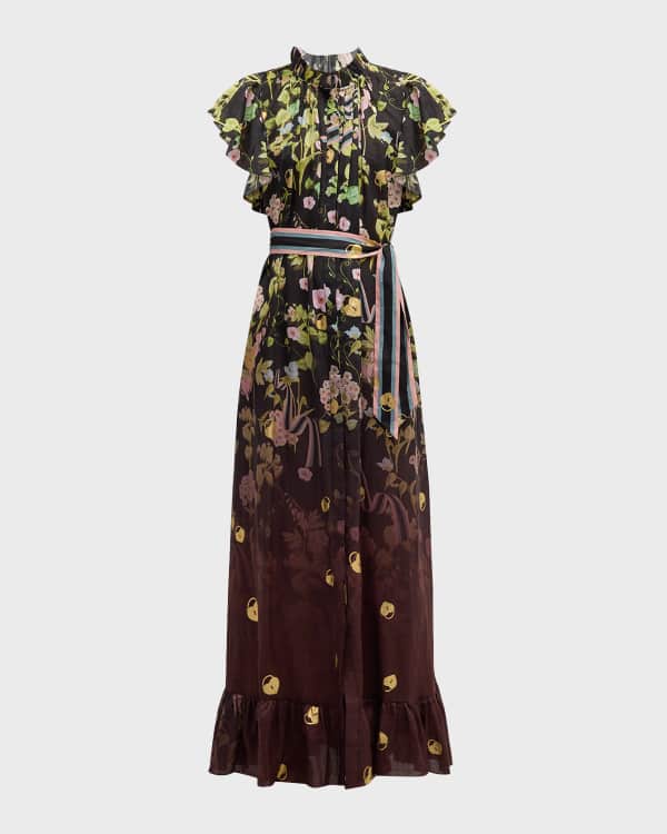 Cynthia Rowley Roseland Printed 3 4 Sleeve Ruffle Wrap Dress Neiman Marcus