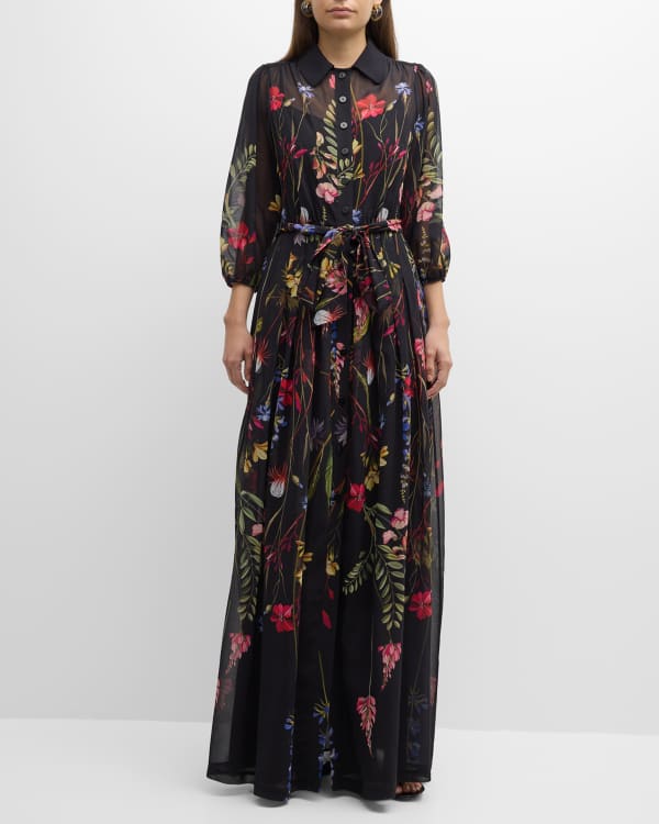 Tadashi Shoji Pleated Cape-Sleeve Floral-Print Gown | Neiman Marcus