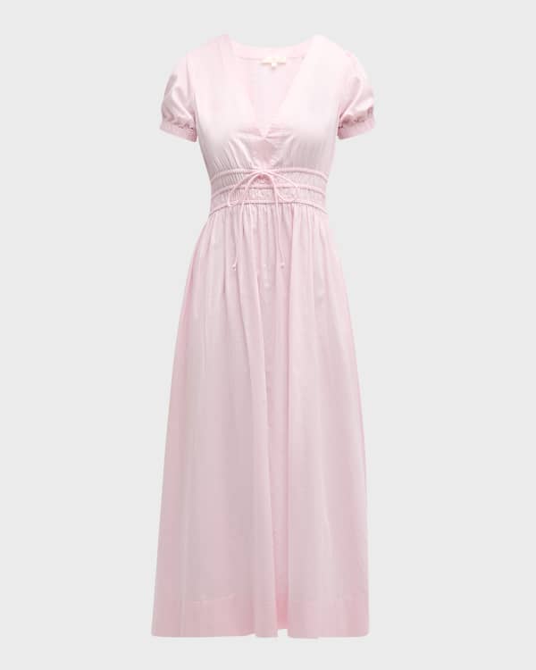 Merlette Dean Embroidered Puff-Sleeve Poplin Midi Dress | Neiman Marcus