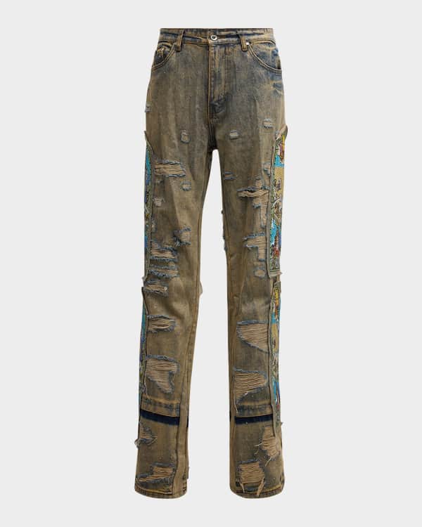 WHO DECIDES WAR Men's Darning Jeans with Side Embroidery WHO DECIDES WAR Men's Darning Jeans with Side Embroidery