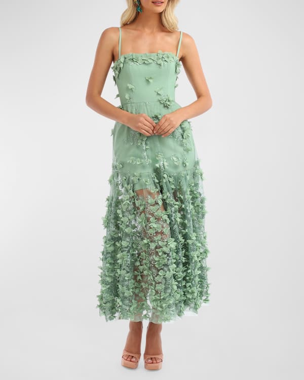 HELSI Sidney Illusion-Sleeve Floral Applique Dress | Neiman Marcus