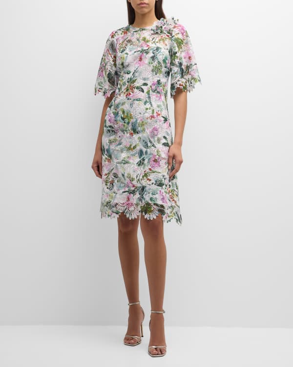 Theia Marin Floral-Print Ruffled Dress | Neiman Marcus