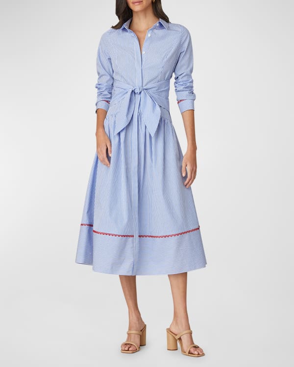 Shoshanna Essie Striped Tie-Waist Pintuck Midi Shirtdress | Neiman 