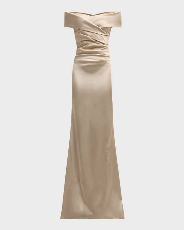 Tadashi Shoji Pleated Two-Tone Off-Shoulder Gown | Neiman Marcus