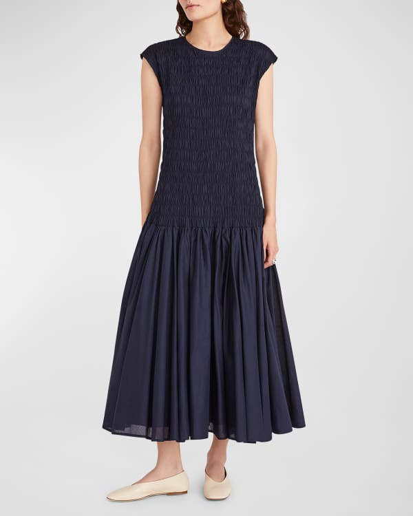 Shoshanna Eden Striped Split Neck Smocked Midi Dress Neiman Marcus