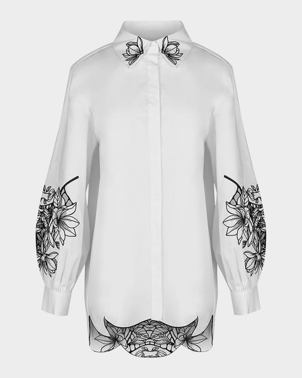 Anne Fontaine Heloise Puff-Sleeve Floral-Print Poplin Shirt | Neiman Marcus