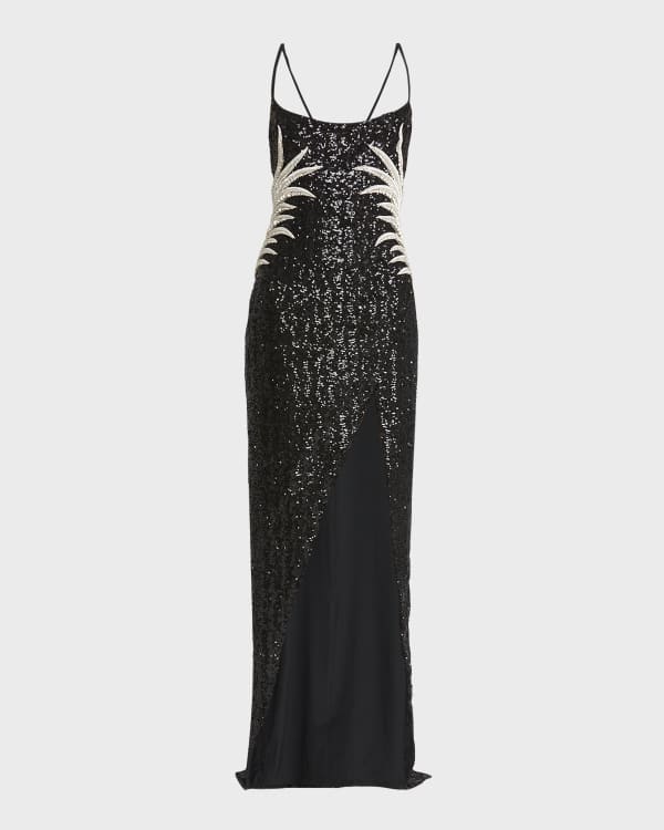 Button Cowl-Neck Velvet Slit Maxi Dress