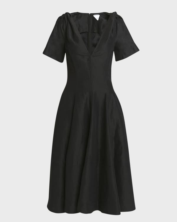 Bottega Veneta Plunging Knot Shoulder Midi Canvas Dress Neiman Marcus