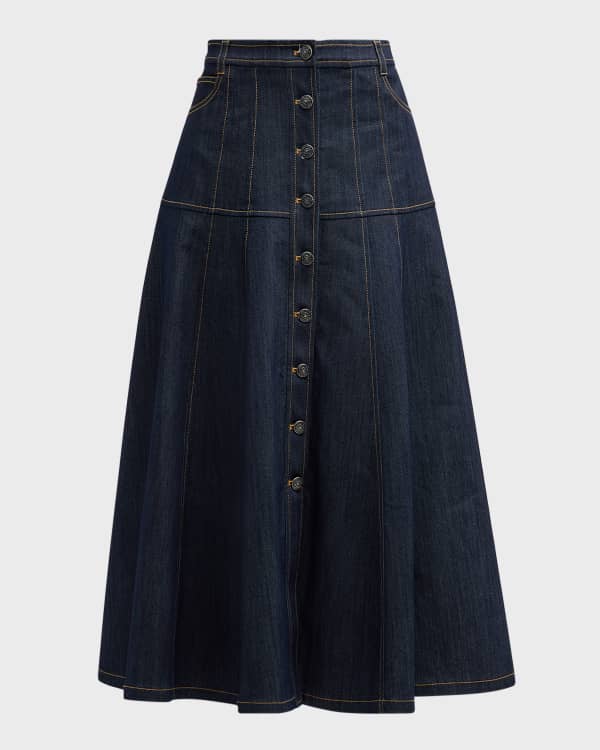 ★ANDERSSON BELL★ Denim Combo Racing Leather Skirt apa704wB Andersson Bell Denim and Camoflage Combo Midi Skirt | Neiman