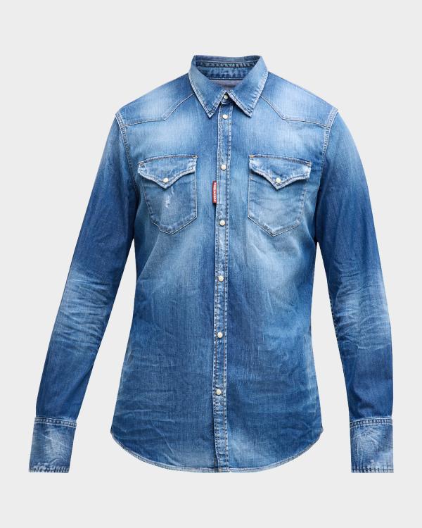Duke London Men's Long Sleeve Western Denim Shirt - Stonewash Blue, Popper Fasten Front, Chest Pockets, Size M