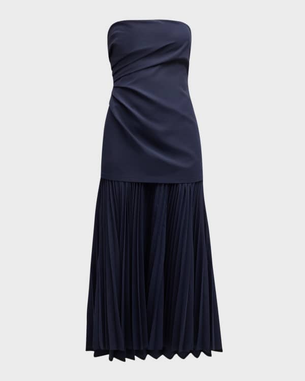 Linear crepe pleat strapless dress shop