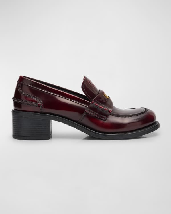 Prada Perforated Leather Buckle Heeled Loafers | Neiman Marcus