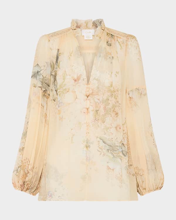 ALBERTA FERRETTI Womens Black Ruffled Sheer Lace Hi Lo Hem Snap Button Front Blouson Sleeve Mock Neck Evening Blouse main image 1