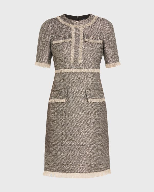 Misook Fringe-Trim Square-Neck Tweed Mini Dress | Neiman Marcus