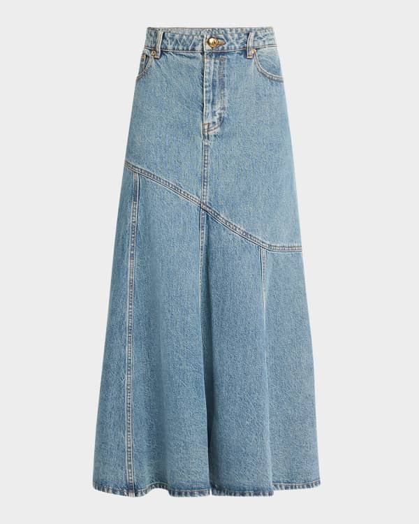 Asymmetric Slit Denim Midi Skirt