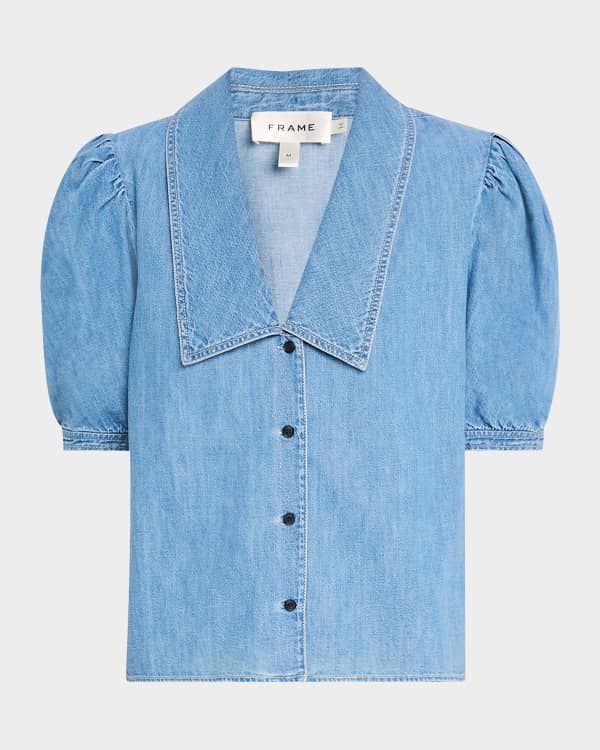 FRAME Gillian Denim Puff-Sleeve Top | Neiman Marcus