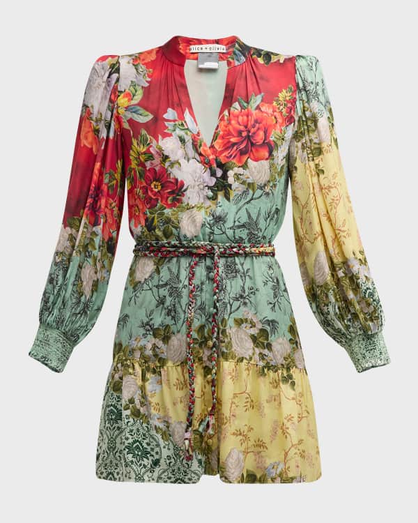 Alice Olivia Patty Embroidered V Neck Lantern Dress Neiman Marcus