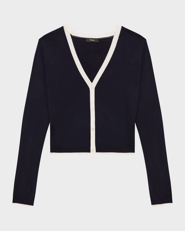 Theory Textured Cotton Rib Fitted V-Neck Cardigan | Neiman Marcus