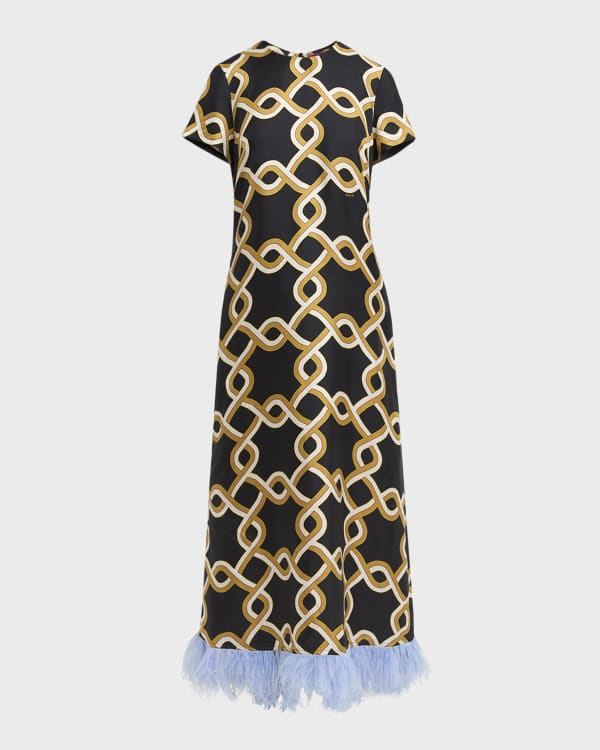 La DoubleJ Abstract-Print Short-Sleeve Feather-Trim Maxi Swing Dress |  Neiman Marcus