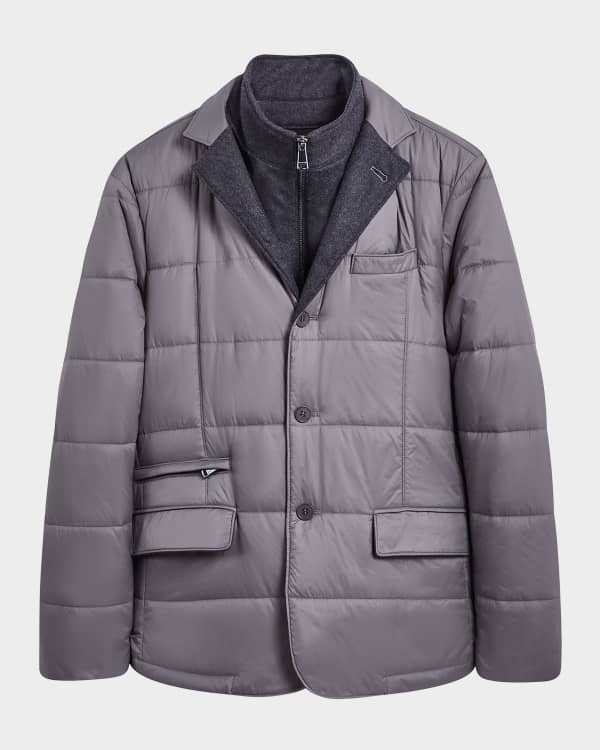 Neiman Marcus Men s Suede Puffer Jacket with Shearling Lined Collar Neiman Marcus