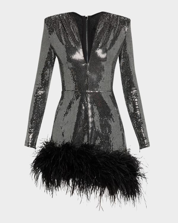 Sau Lee Bianca Stand Collar FeatherTrim Sequin Mini Dress Neiman Marcus